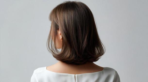 Back view of a woman with ash-colored semi-long hair, semi-long, medium hair, ash color, JPG