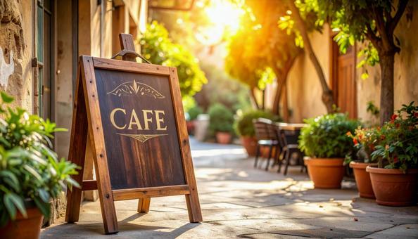 ヨーロッパの街角カフェ看板の写真