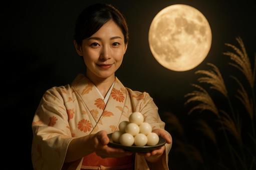 団子を差し出す和服姿の女性と満月 団子を差し出す和服姿の女性と満月の写真