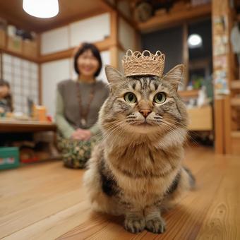 家族を見守る冠をかぶった猫 家族を見守る冠をかぶった猫の写真