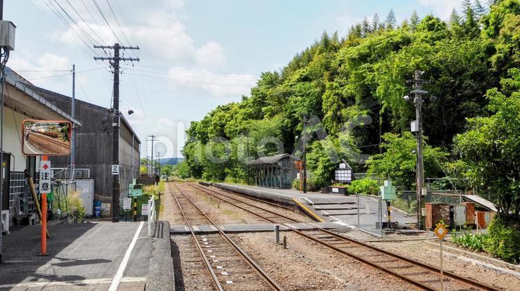 初夏のレトロな大多喜駅＆新緑の木・千葉県 初夏,いすみ鉄道,レトロの写真素材