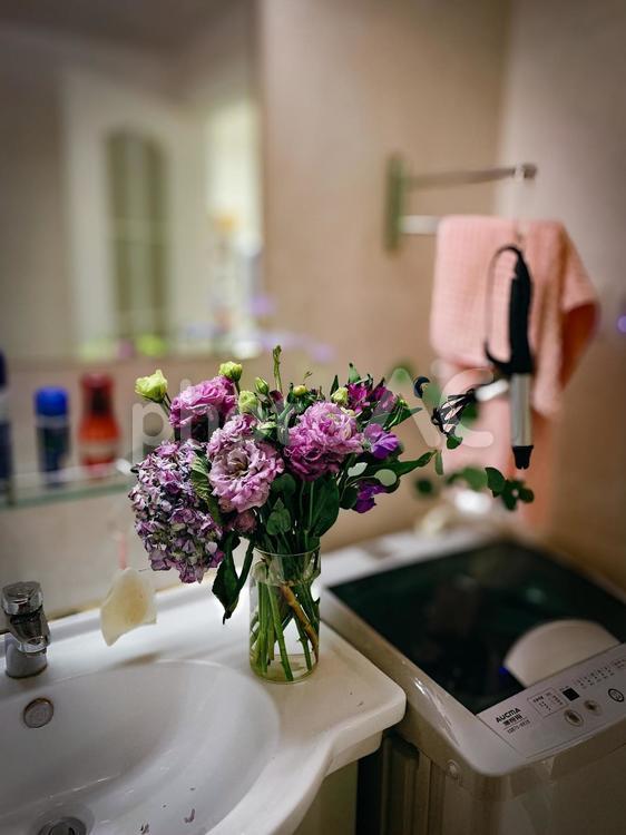 洗面所に飾られた紫色の花束と暮らしの一枚 花束,紫の花,洗面所の写真素材