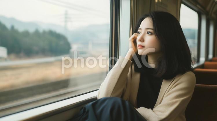 電車の窓から外を眺める女性 女性,電車,窓の写真素材