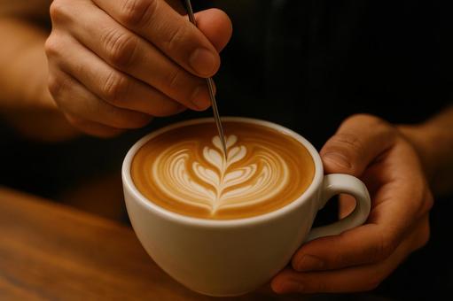 模様を描くバリスタの手 模様を描くバリスタの手の写真