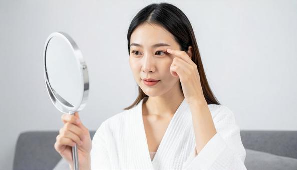 鏡で目元をチェックする女性 鏡で目元をチェックする女性の写真