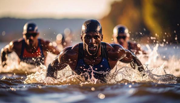 トライアスロン 一斉に水に飛び込む選手 トライアスロン 一斉に水に飛び込む選手の写真