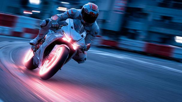 発光する未来型バイク 発光する未来型バイクの写真