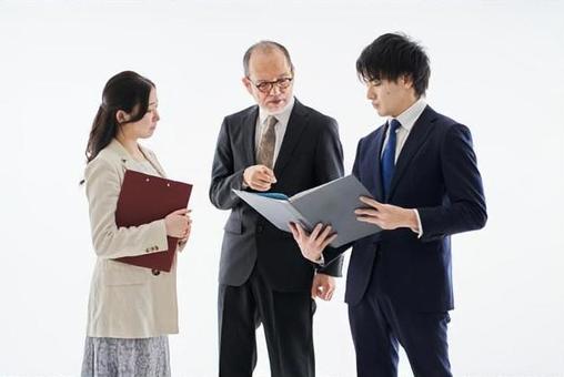 Asian business person meeting on a white background, male, female, businessman, JPG