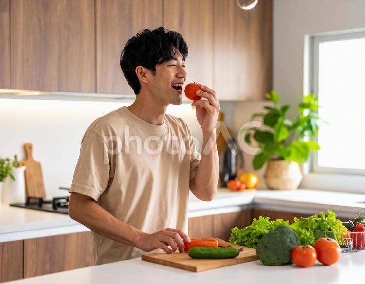 彼のおすすめ夏野菜トマト・キッチンにて トマト,男性,イケメンの写真素材