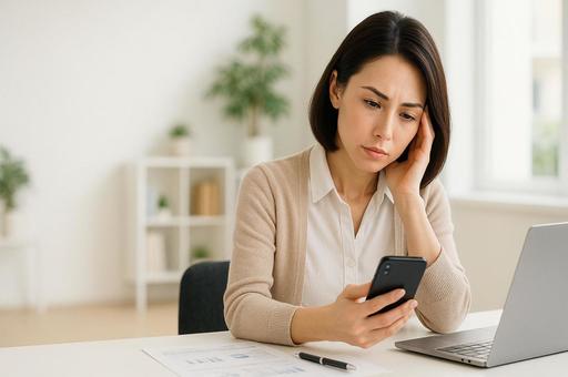 スマホを見て首を傾げる女性の写真