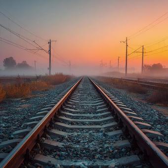 赤く染まる空の下、遠くまで続く鉄道 赤く染まる空の下、遠くまで続く鉄道の写真