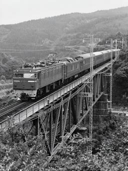 青井岳鉄橋を渡る特急「富士」の写真