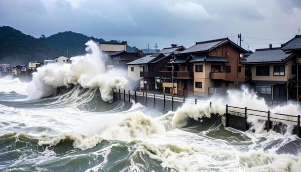 津波が押し寄せる住宅街 津波が押し寄せる住宅街の写真