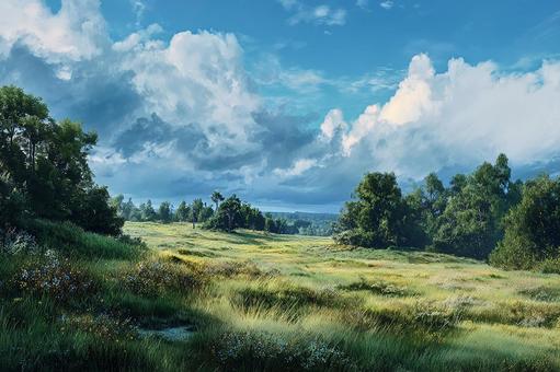 霧が立ち込める幻想的な草原の風景の写真