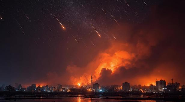 夜空を彩る光の帯と地上の煙 夜空を彩る光の帯と地上の煙の写真