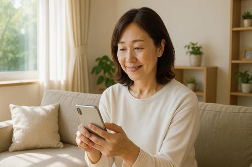 リビングでスマホを触る主婦の写真