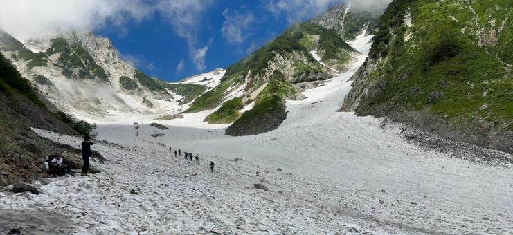 夏の大雪渓を歩く登山者たち 夏の大雪渓を歩く登山者たち 雪渓,登山,夏山の写真素材