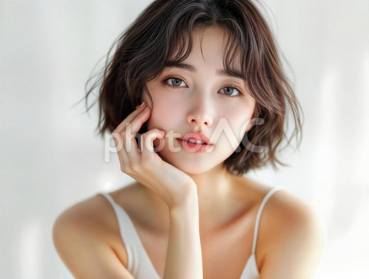 ゆるふわパーマの女性が優しく見つめる ショートボブ,若い女性,見つめるの写真素材