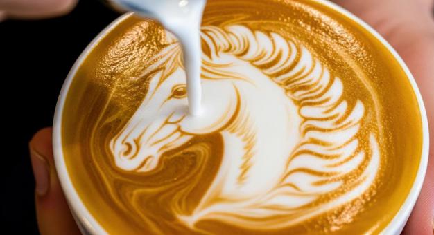 バリスタが描く馬のラテアートの写真