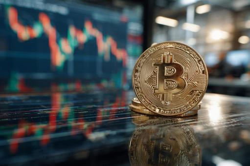 デジタル経済の象徴、ビットコインとグラフ デジタル経済の象徴、ビットコインとグラフの写真