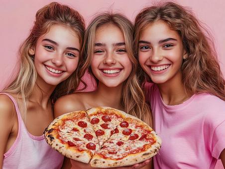 ピザパーティをする若者達 ピザパーティをする若者達の写真