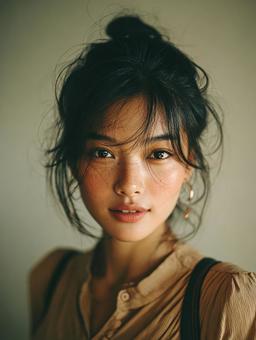茶色のシャツを着たアジア人女性 茶色のシャツを着たアジア人女性の写真