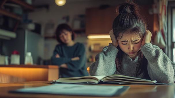 悩む少女と見守る母の写真