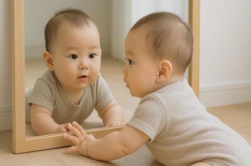 鏡に映る自分を見る赤ちゃん 鏡に映る自分を見る赤ちゃんの写真