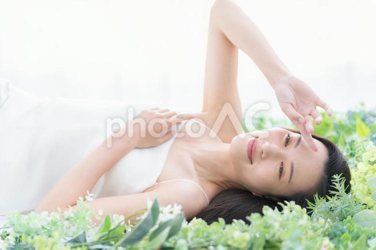 緑の中でスキンケアをする若い女性 ビューティー,女性,スキンケアの写真素材