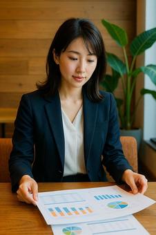 カフェで書類を広げて打ち合わせ風の女性の写真