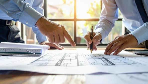 図面を見ながら議論するビジネスマンの写真