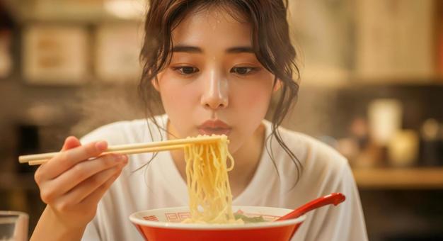 熱々ラーメンを食べる女性の飲食シーン 熱々ラーメンを食べる女性の飲食シーンの写真