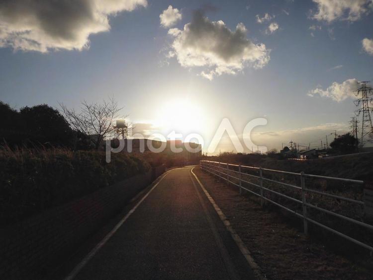 夕方のサイクリングロード サイクリングロード,川沿い,夕方の写真素材