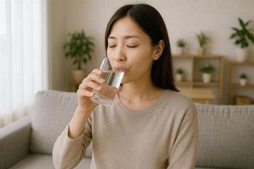 白湯を飲む女性の朝時間 白湯を飲む女性の朝時間の写真
