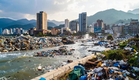 津波に襲われた後のガラクタだらけの住宅街 津波に襲われた後のガラクタだらけの住宅街の写真