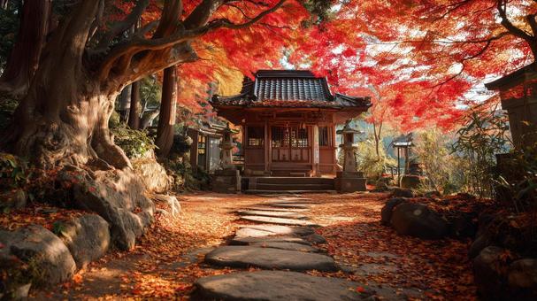 紅葉に包まれた幻想的な神社の風景 紅葉に包まれた幻想的な神社の風景の写真