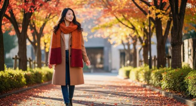 紅葉の街を散歩する女性の秋のポートレート 紅葉の街を散歩する女性の秋のポートレートの写真