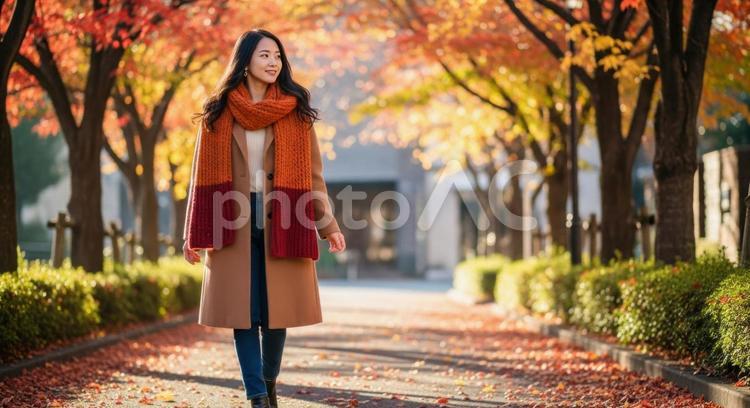 紅葉の街を散歩する女性の秋のポートレート 女性,若者,秋の写真素材