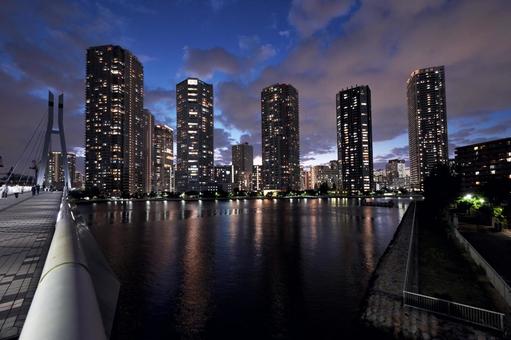 辰巳桜橋と江東区東雲のタワマン群 日没後 辰巳桜橋と江東区東雲のタワマン群 日没後の写真