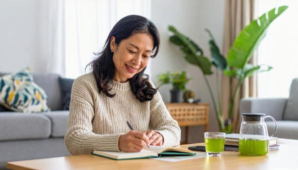 テキストを開きノートに書く日本人女性 テキストを開きノートに書く日本人女性の写真