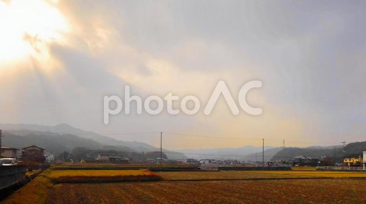 田園に降り注ぐ神々しい光芒 田園,空,光の写真素材