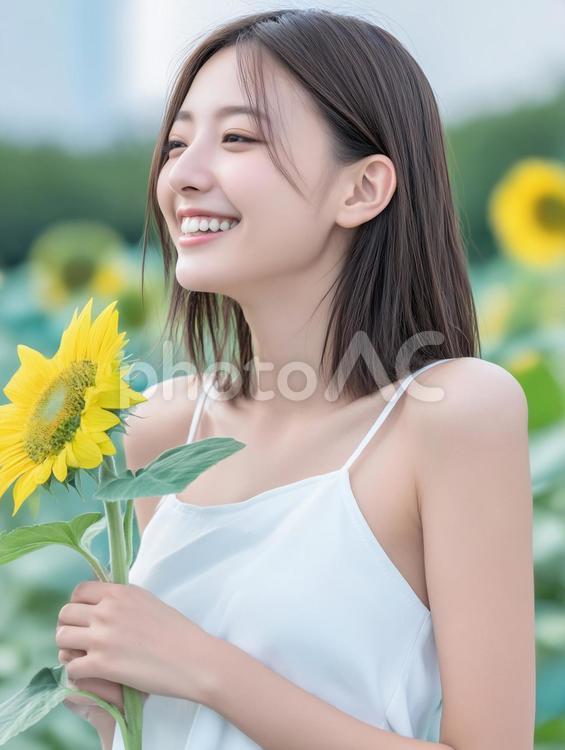 ひまわりと白いワンピースの女性 ひまわり,笑顔,娘の写真素材