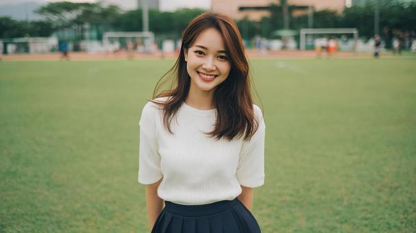 グラウンドで輝く笑顔の女性 グラウンドで輝く笑顔の女性の写真