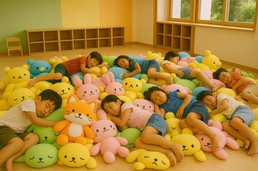 たくさんのぬいぐるみの中でお昼寝する子供 たくさんのぬいぐるみの中でお昼寝する子供の写真