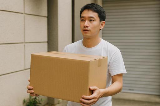 段ボール箱を持つ日本人男性 段ボール箱を持つ日本人男性の写真