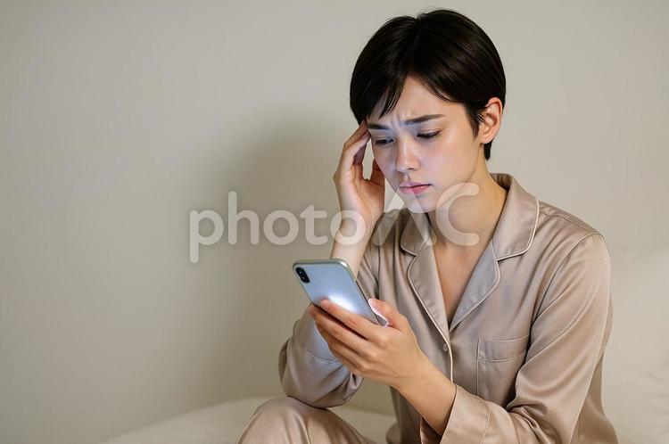 パジャマを着てスマホを眺める女性 女性,20代,悩むの写真素材