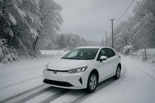雪道を走行する白い電気自動車の冬景色の写真