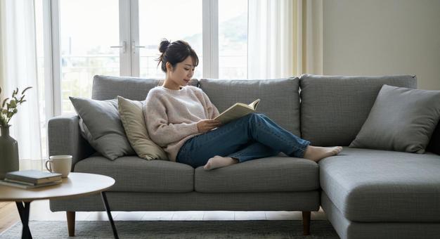 部屋でくつろぐ女性 部屋でくつろぐ女性の写真