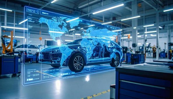 車にホログラムが投影されている整備工場の写真