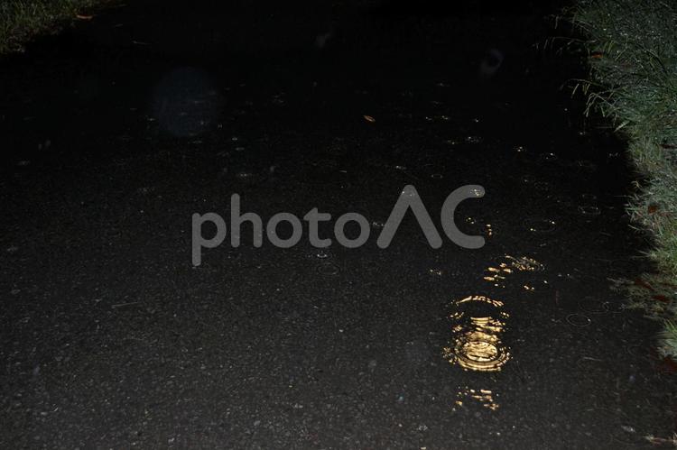 夜、照明に反射する水たまりの波紋 水たまり,波紋,雨の写真素材